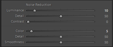 Noise Reduction settings in Lightroom. Luminance set to 10, Detail set to 50, Contrast set to 0, Color set to 5, Detail set to 50, and Smoothness set to 50.