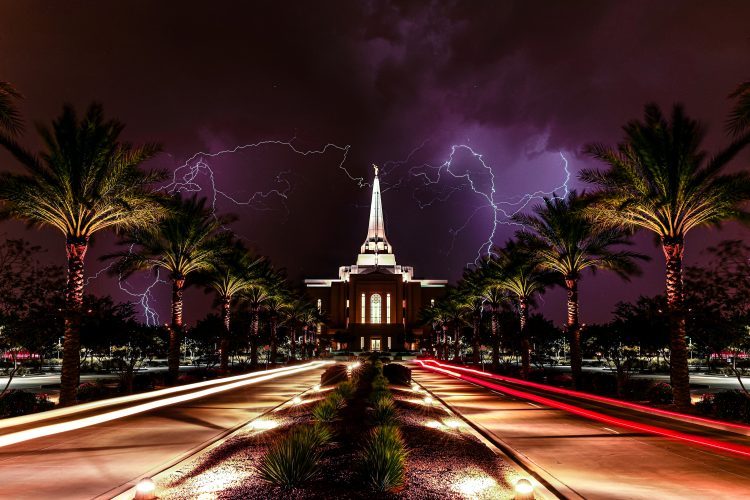 LDS Gilbert Temple at night during a lightning storm